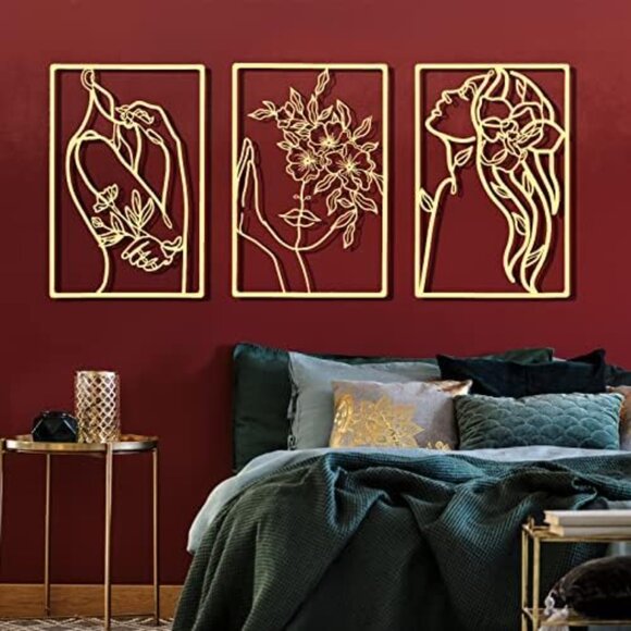 New 3 Pieces Single Line Gold Metal Wall Art Female & Flower Sign for Home Decor - Picture 5 of 7